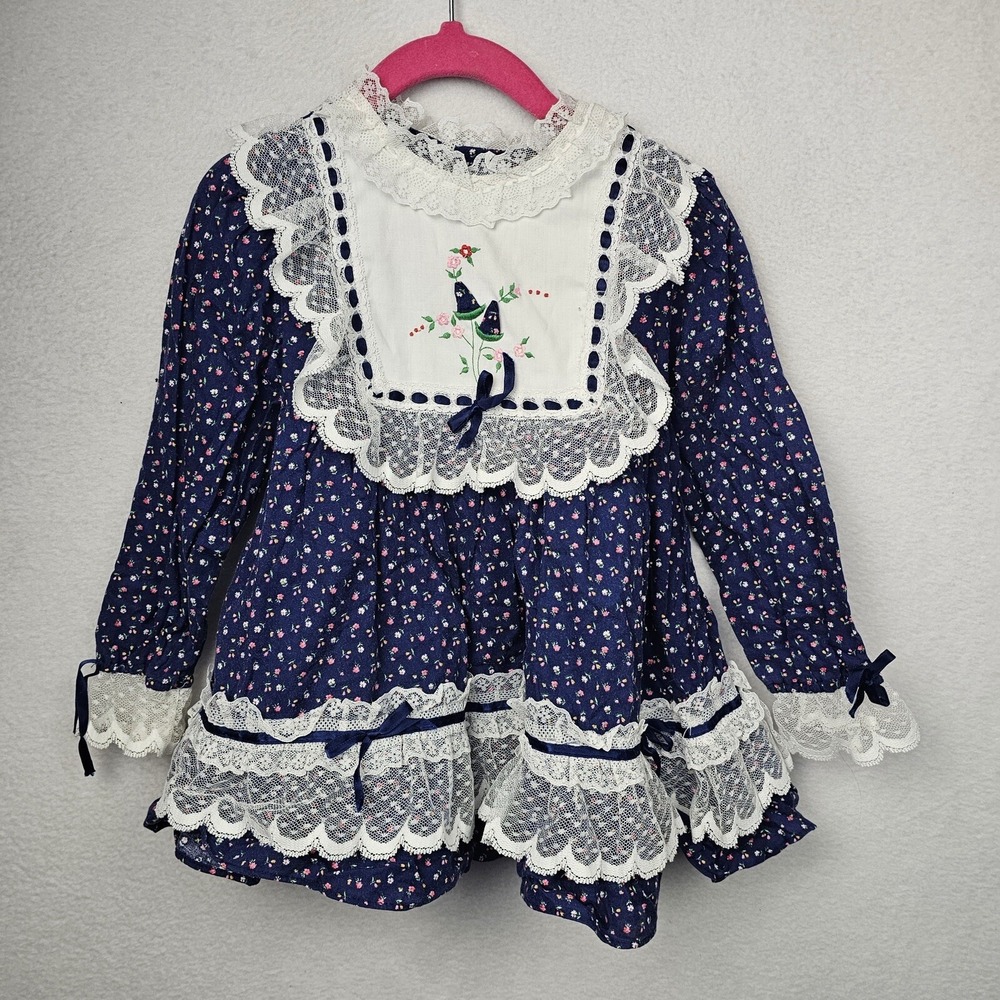 Toddler Dress Girls Size 2T Blue White Floral Mushrooms Ruffle Dress Lace Collar